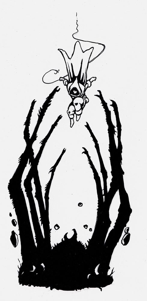an ink drawing of an adventurer falling into the arms of a giant trapdoor spider