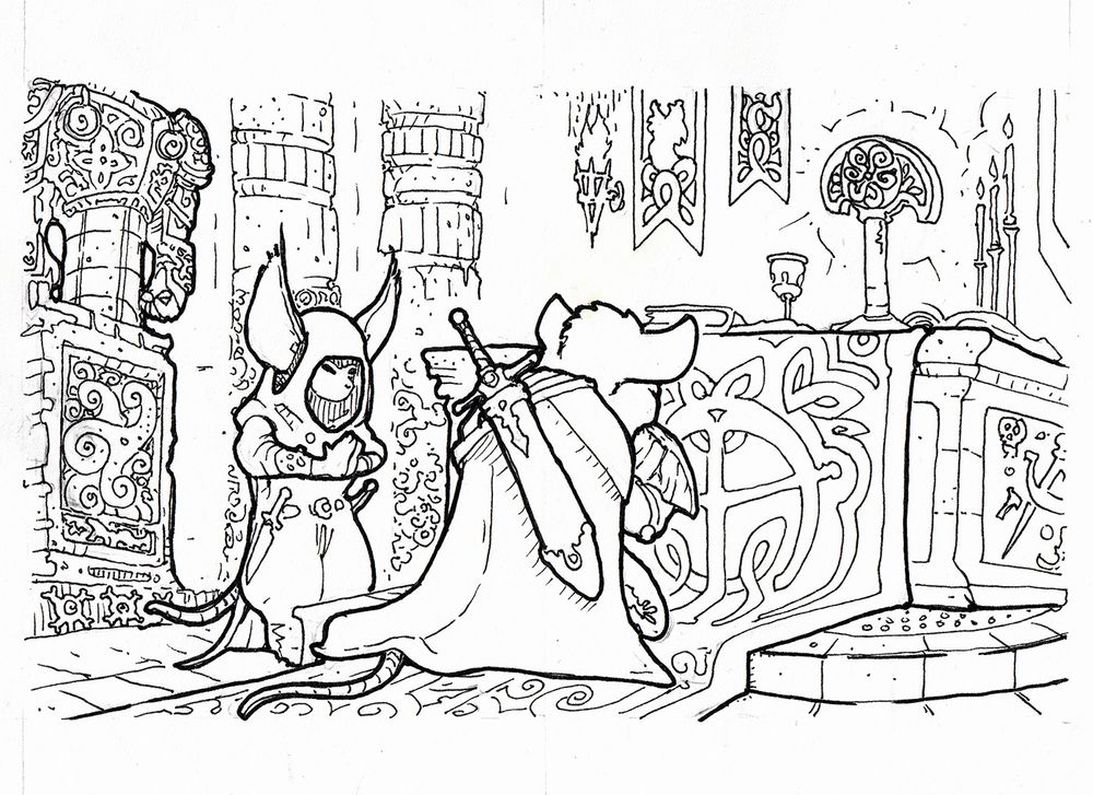 ink lineart drawing of two mice in fantasy adventuring gear praying at an altar