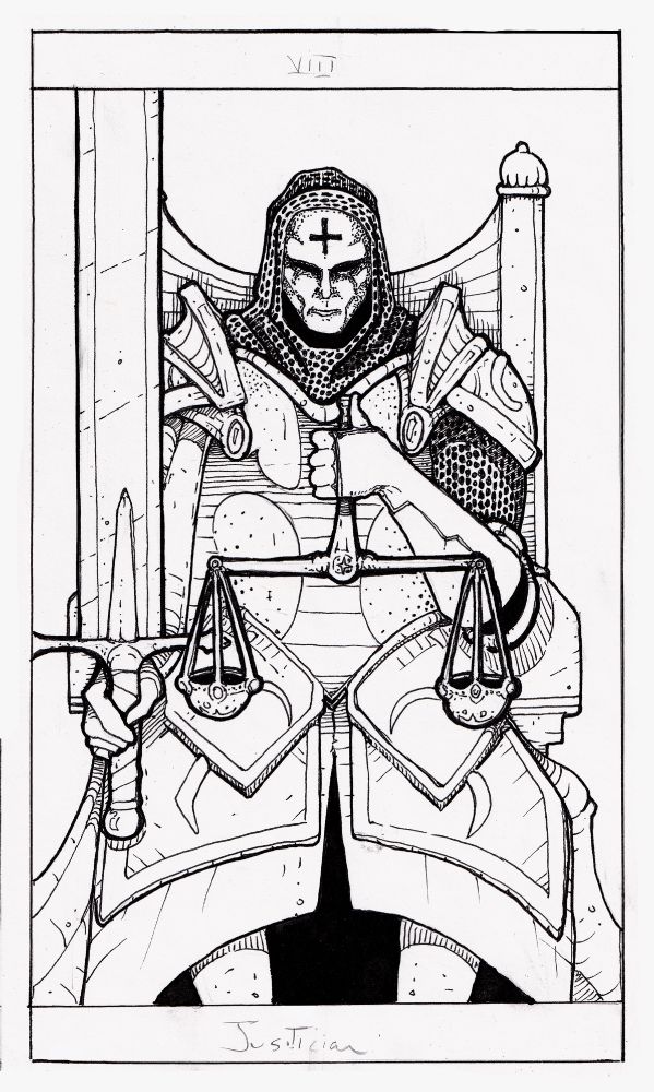 A tarot card design for a Justiciar character - based on the Justice card from the Marseilles tarot.