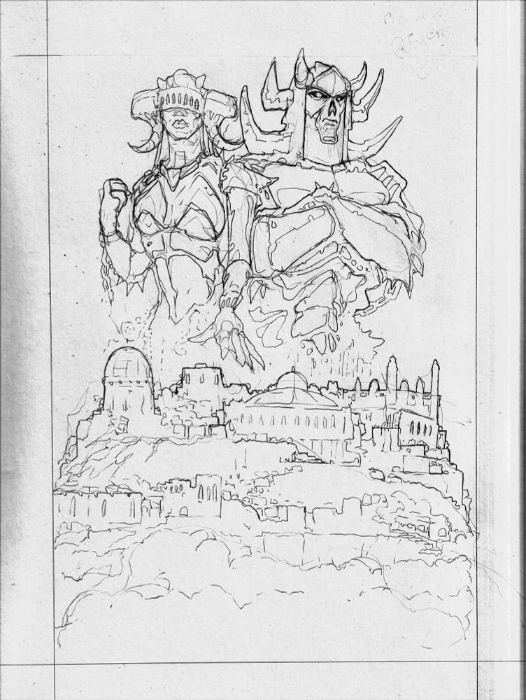 a pencil sketch of two figures in weird armor hovering over a cityscape