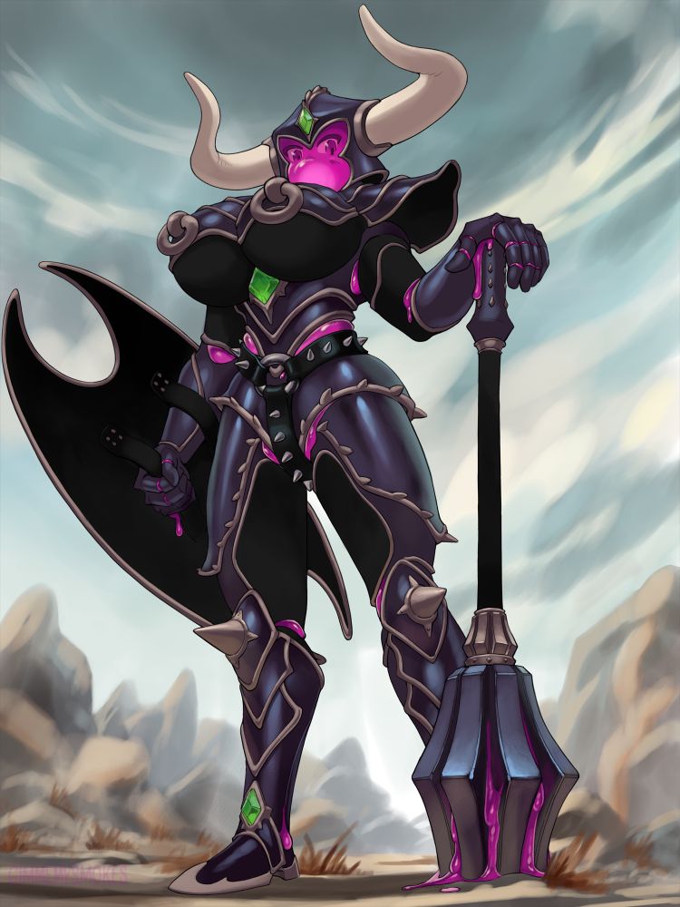 A slime girl wearing elaborate dark fantasy armor and holding a giant mace