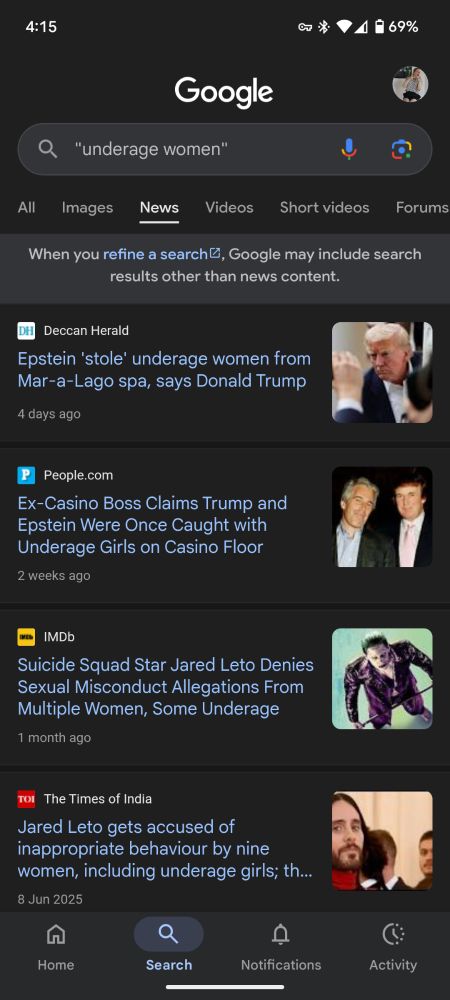Google news results for underage women