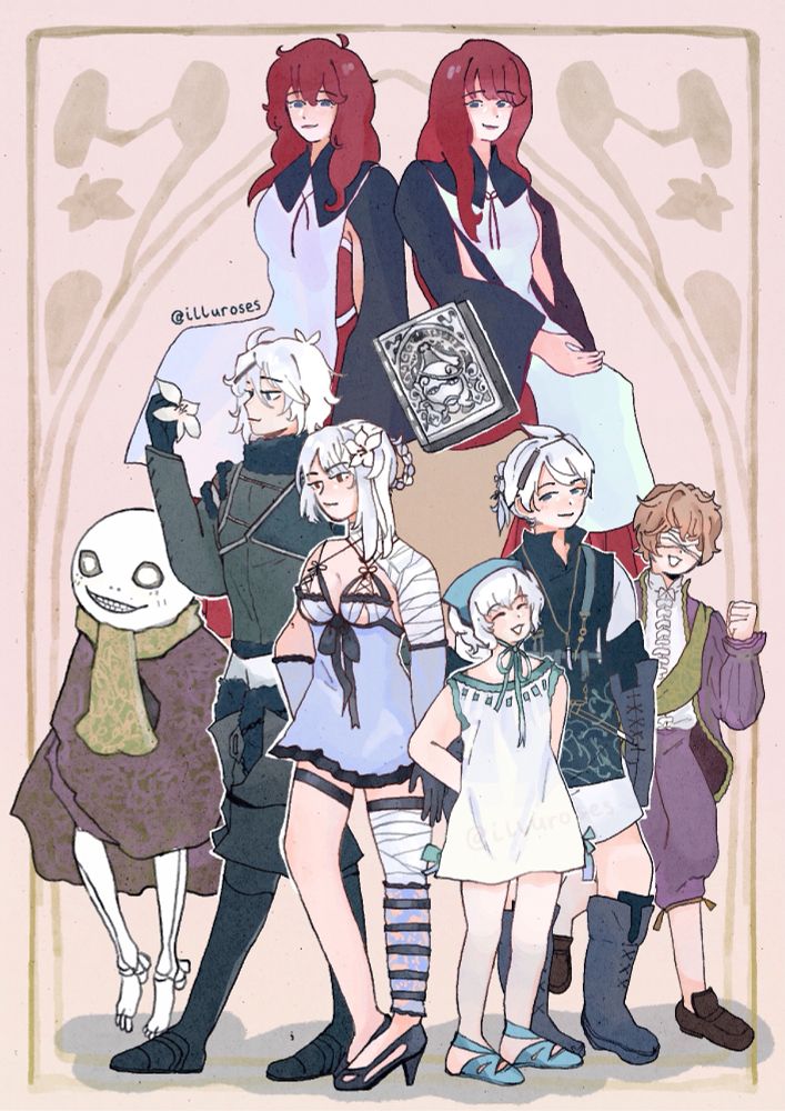 The cast of Nier Replicant (Nier, Kaine, Emil, Yonah, Delova and Popola in a portrait. Devola and Popola are sitting above the rest of the cast, with both post and pre timeskip versions of Nier and Emil.