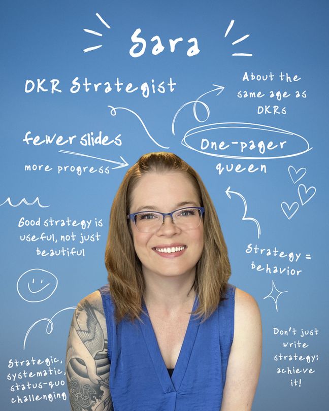 Against a blue background is a photo of Sara, with shoulder-length dark blonde hair, wearing blue glasses and a blue shirt. In handwriting, is the copy: 

Sara
OKR Strategist
About the same age as OKRs
Fewer slides, more progress
One-pager queen
Good strategy is useful, not just beautiful
Strategy=behavior
Strategic, systematic, status-quo challenging
Don't just write startegy, achieve it.