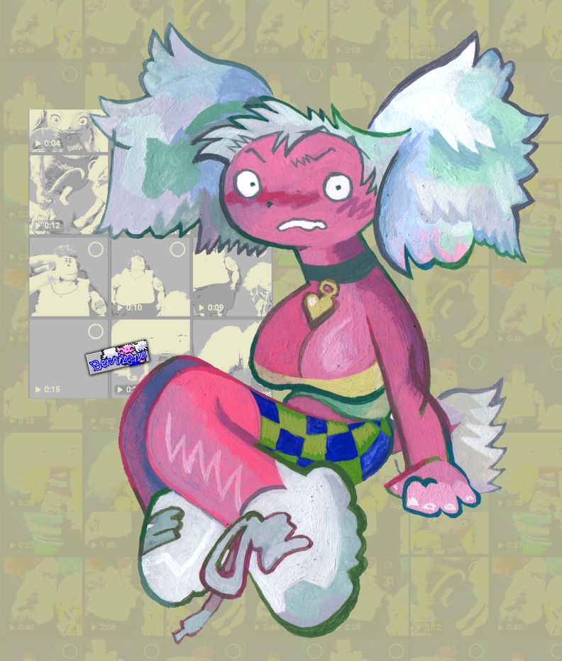 painting of an anthropomorphic dog girl. She looks surprised, in a skimpy outfit.