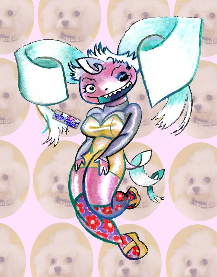 an anthropomorphic dog-girl, painted in a cartoon-y style. She is smiling cheekily, in a colorful and sexy outfit. The drawing is layered on top of a repeating pattern of a white dog, who resembles the girl somewhat.