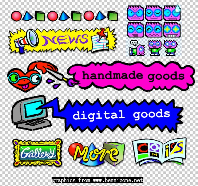 various colorful website graphics, mostly signage, made for bennizone.net