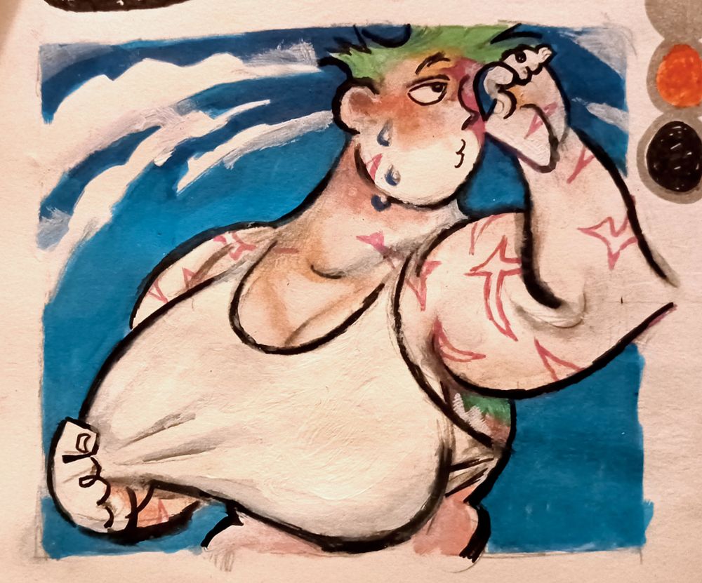 Acrylic painting of a muscular woman with green hair and scarred skin. She wipes her forehead, sweating, pulling at her white tank top, which accentuates her very big boobs.