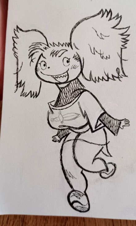 photograph of a line-drawing depicting a smiling dog girl.