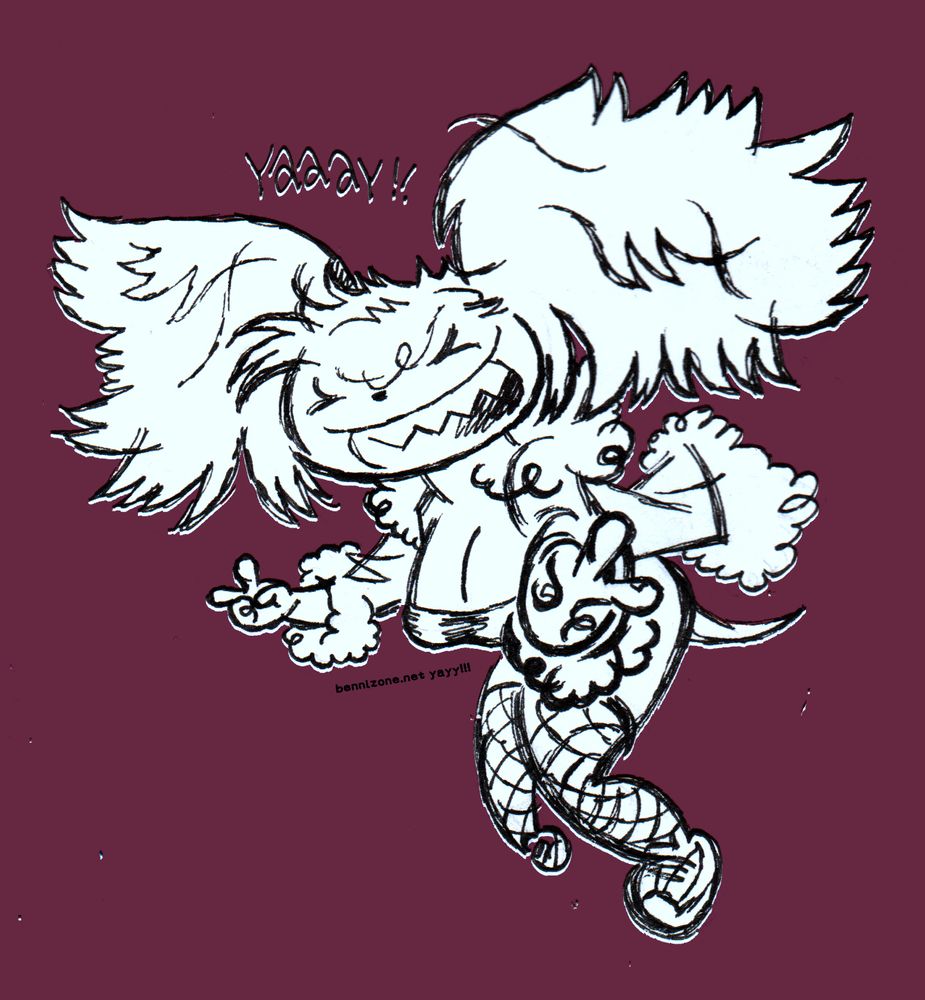 Line drawing of an anthropomorphic dog girl, smiling wide, doing peace signs. She is wearing her coat open to show cleavage.