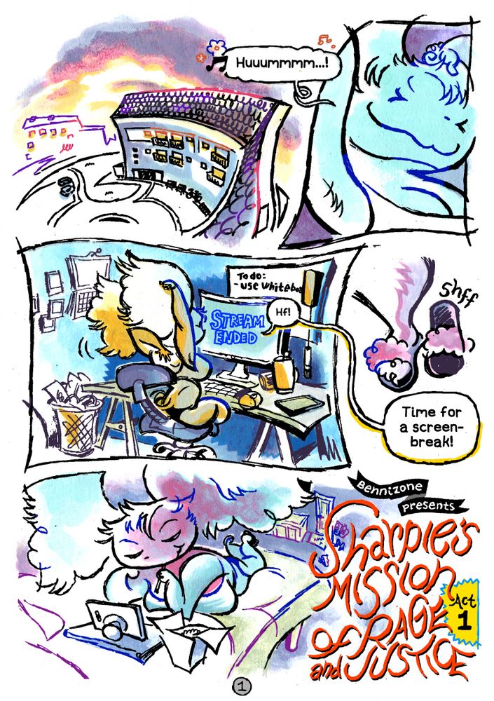 a comic page. The dog-girl Sharpie ends her gaming session with a stretch, announces that she'll have a screen-break, and starts scrolling her phone instead. The title is shown: Sharpie's mission of rage and justice.