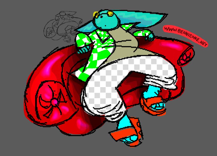 a pixelated illustration of a blue furry-creature, leaned back in a shiny red couch. She looks to be caught off guard. Her trousers are checkered, indicating digital transparency.