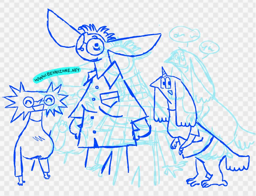 line-drawings of three strange furry creatures; a spiky one, one with big ears, and one resembling a dragon.