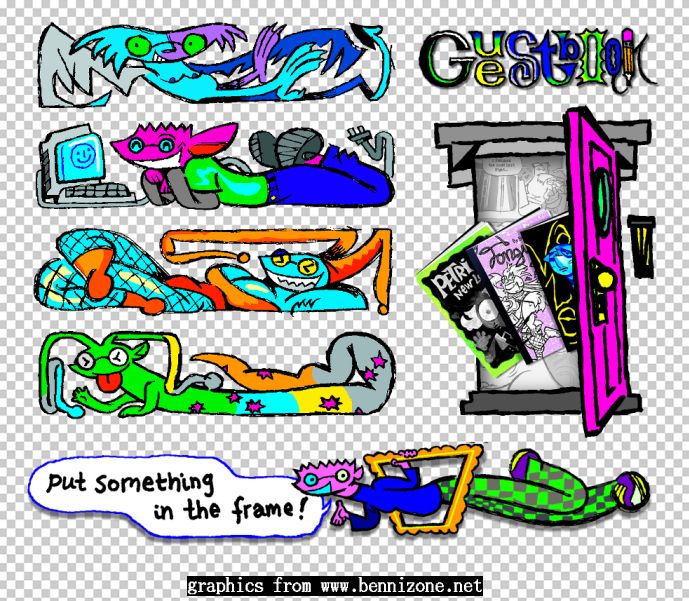 various colorful website graphics, mostly signage, made for bennizone.net