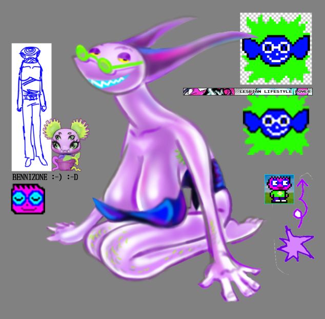 digital airbrush-illustration of a purple jester, in a leotard. She has large breasts, and small green glasses. Around her is a collage of pixelated elements.