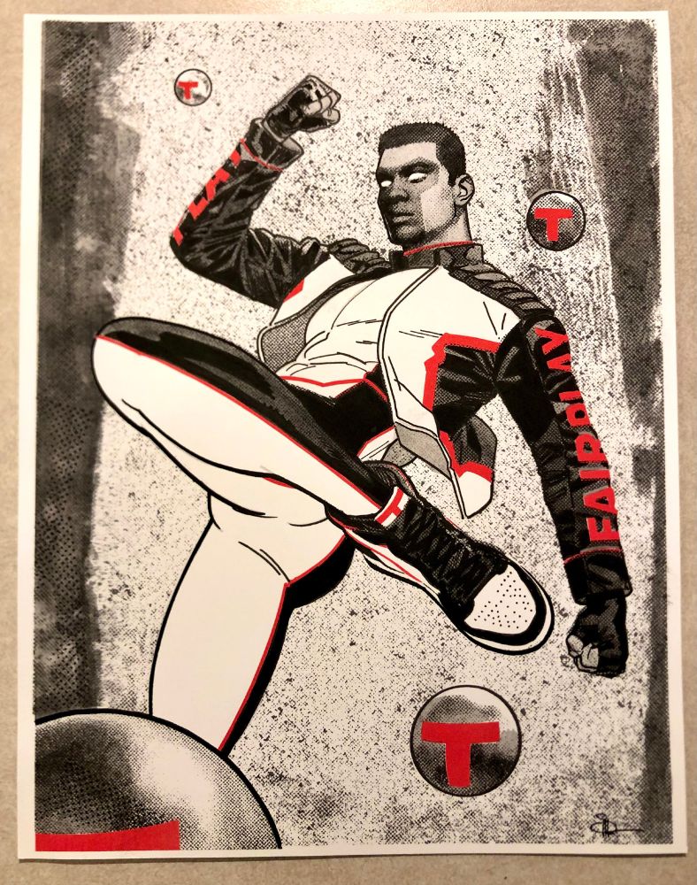 DC Comics' Mr Terrific, drawn by Doc Shaner in black, white, and red.
