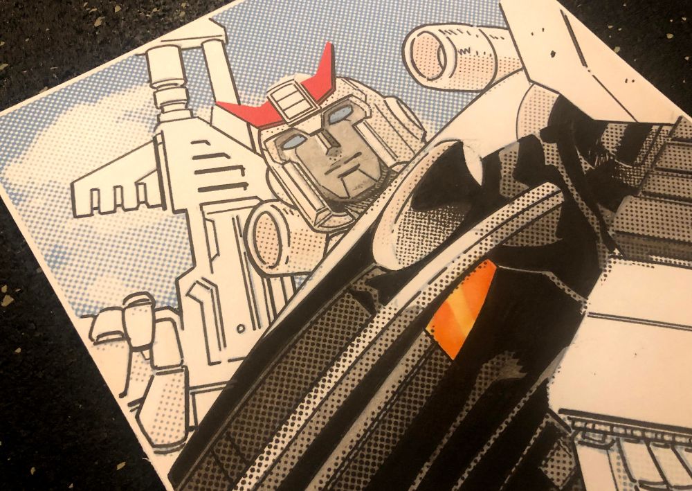 detail of a drawing of the Transformer, Prowl, by Doc Shaner