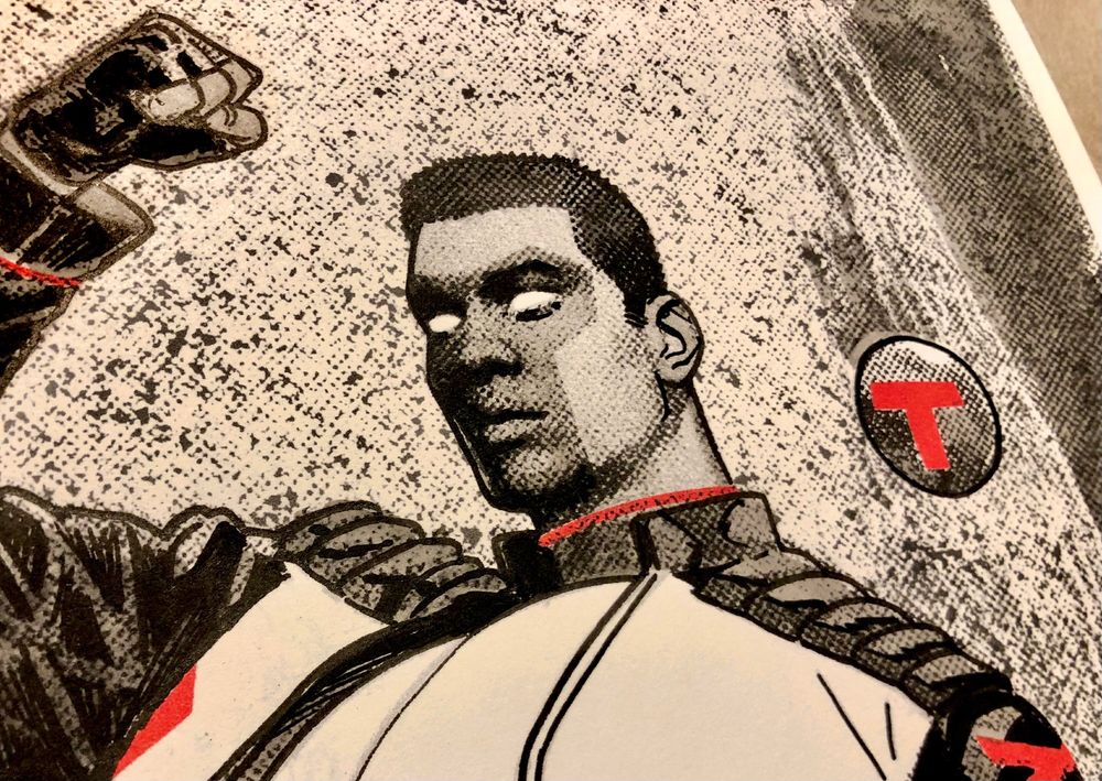 DC Comics' Mr. Terrific drawn by Doc Shaner, in black, white, and red. Detail.
