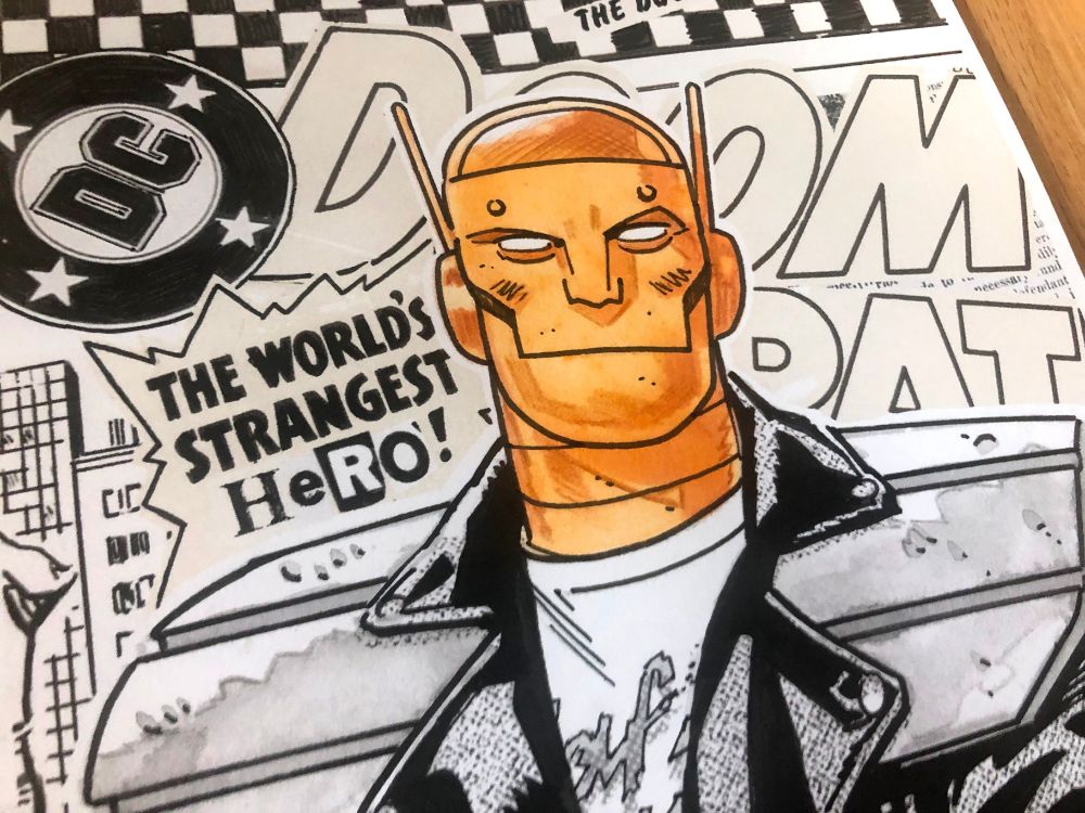 detail of a drawing of Robotman, from DC Comics' Doom Patrol, by Doc Shaner.