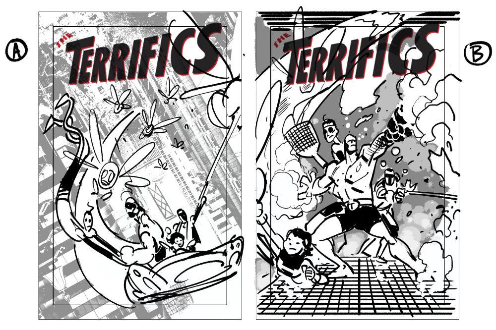 Rough thumbnails for the cover to Terrifics #17, by Doc Shaner.