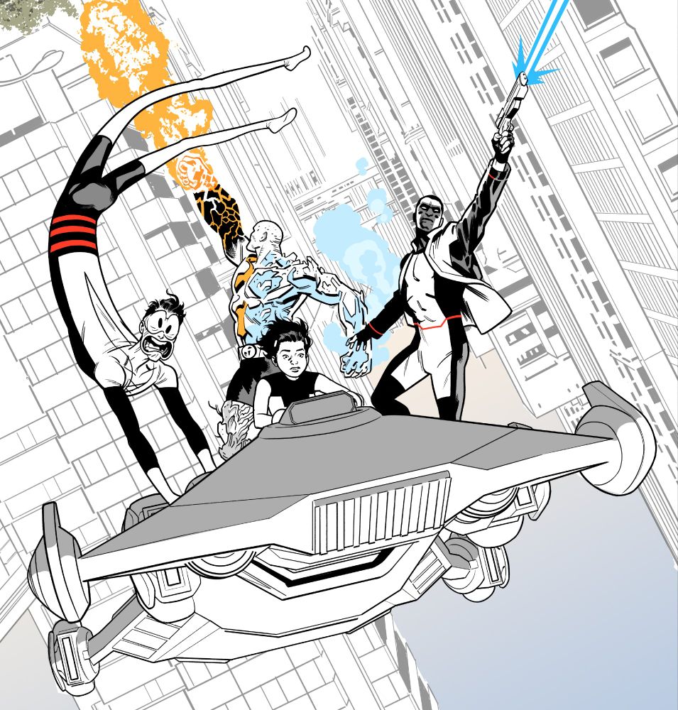 Lines for an unused cover for DC Comics' Terrifics #17, by Doc Shaner.