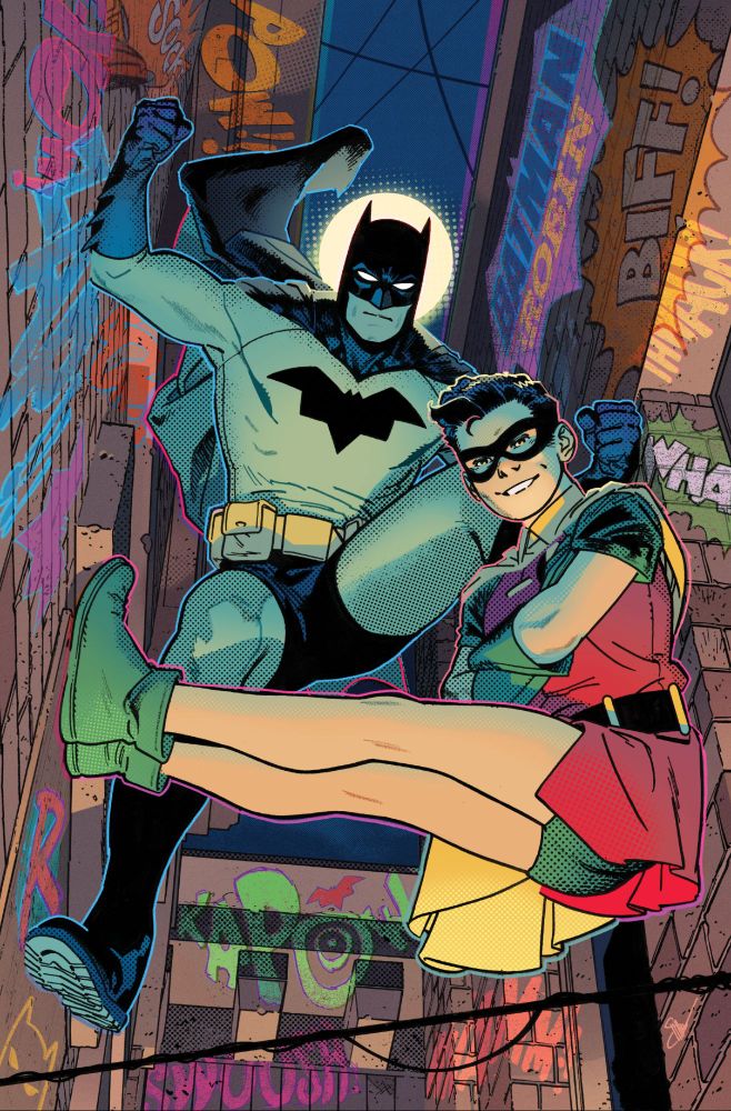 A cover featuring Batman and Robin in a pretty tight squeeze between two buildings, one of which has their names on it, coincidentally. 