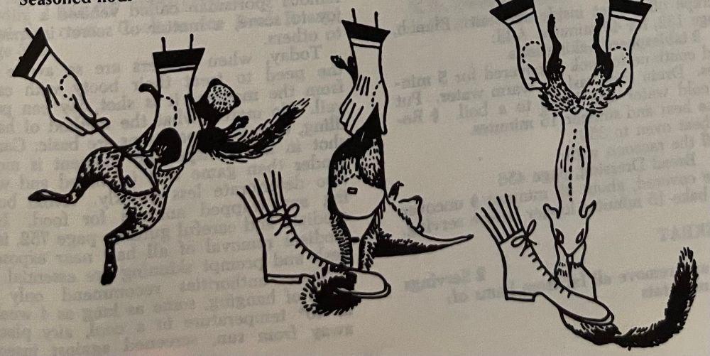 1964 edition of “Joy of Cooking” illustrating how to properly dress a squirrel in three panels, the first utilizing two hands and a utensil, and the second and third panels utilizing one’s foot while pulling the skin away from the carcass.