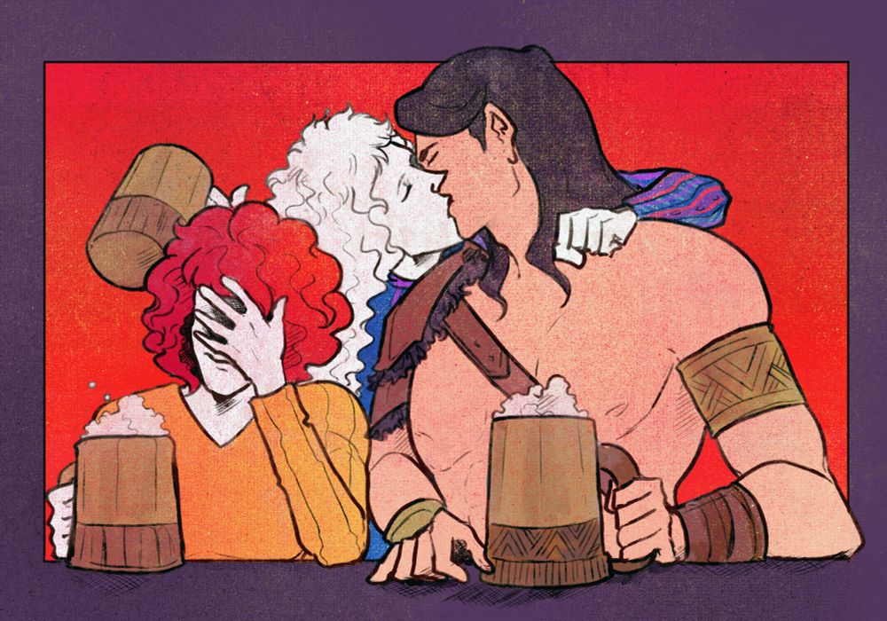 A digital illustration of Conan, Jirel and Elric. Jirel is sitting on the left, covering her face with her hand with only her mouth visible scowling slightly. Conan is sitting next to her, with Elric standing behind him kissing him, arm around his shoulders. He's holding a beer mug in his other hand. Jirel and Conan also have beer mugs.