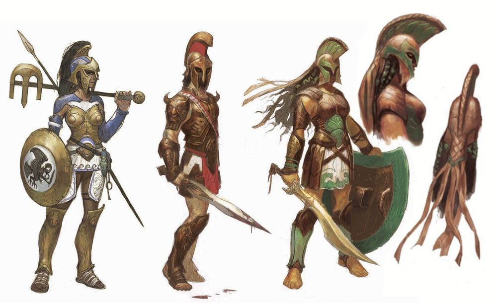 A picture of concept art from the Theros block of Magic the Gathering. The picture shows 3 women in full body, dressed in an assortment of armor. The first woman wears a golden breastplate, golden greaves, carrying a gold and white shield with a one handed golden axe. The second woman appears to be wearing a full bronze chest plate and body armor with an accented red and white skirt, bronze pauldrons, and bronze greaves, with a bronze helmet with red accents. She carries a sharp gladius in one hand that drips blood. The third woman wears a bronze and green chestplate, a half-skirt of bronze armor with an under-skirt of green and white, and green/bronze greaves. She carries a curved longsword in one hand, with a shield the size of her upper body resting on the ground beside her, held vertical with her hand. Next to her is a close up of her upper body, showing her wearing bronze and green accented headgear, with a sharp forward swooping crest. As well, an image of her from behind, showing her hair tied tightly in braids, and bound in a leather brain from the helmet.