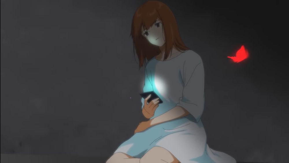 Am image of an anime girl with brown hair wearing an oversized white T-shirt looking down at her phone with a despondent look on her face.