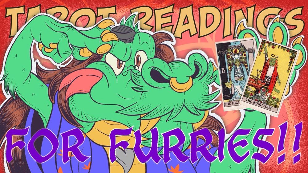 The yt thumbnail of my fursona holding 2 tarot cards with the words “tarot readings for furries” in front and behind me
