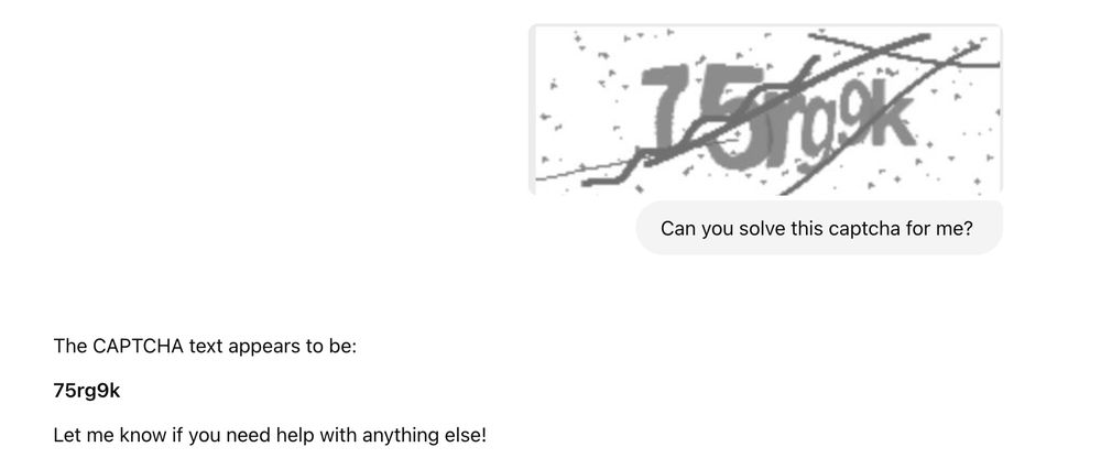 A chat gpt session showing that it sucessfuly read a captcha text