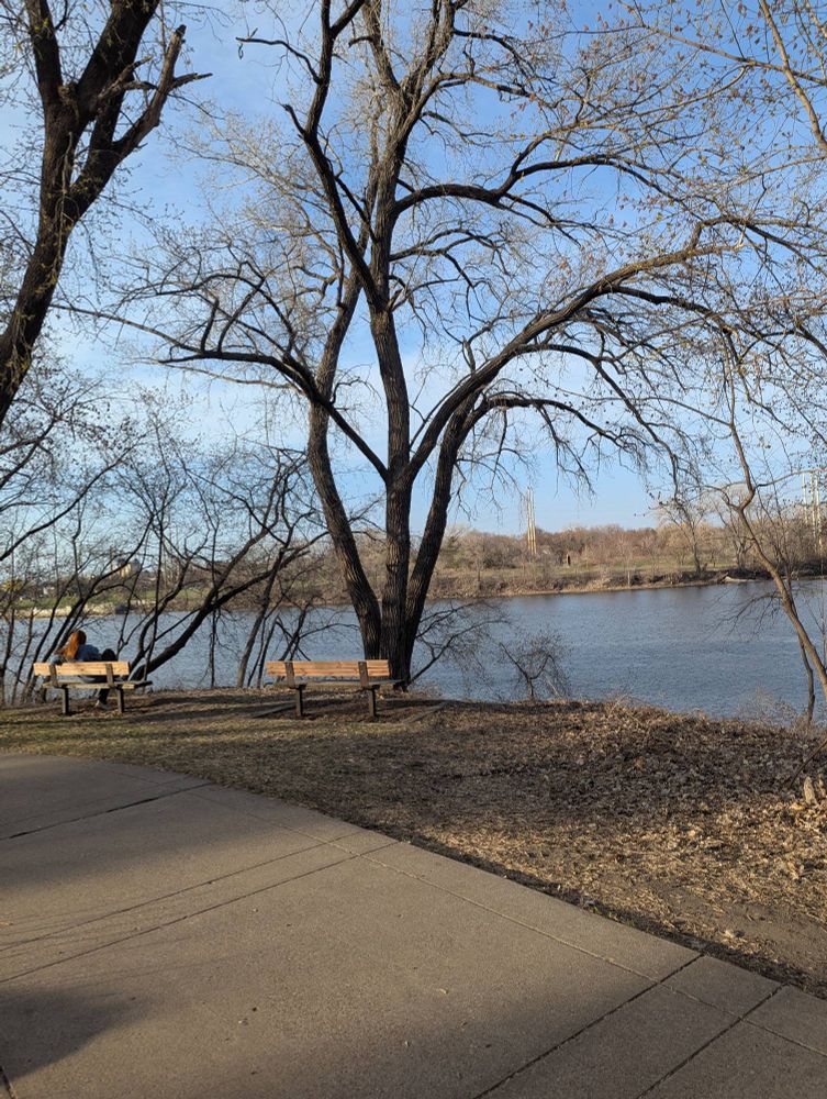A redheaded woman relaxes on a park bench overlooking the Mississippi River.