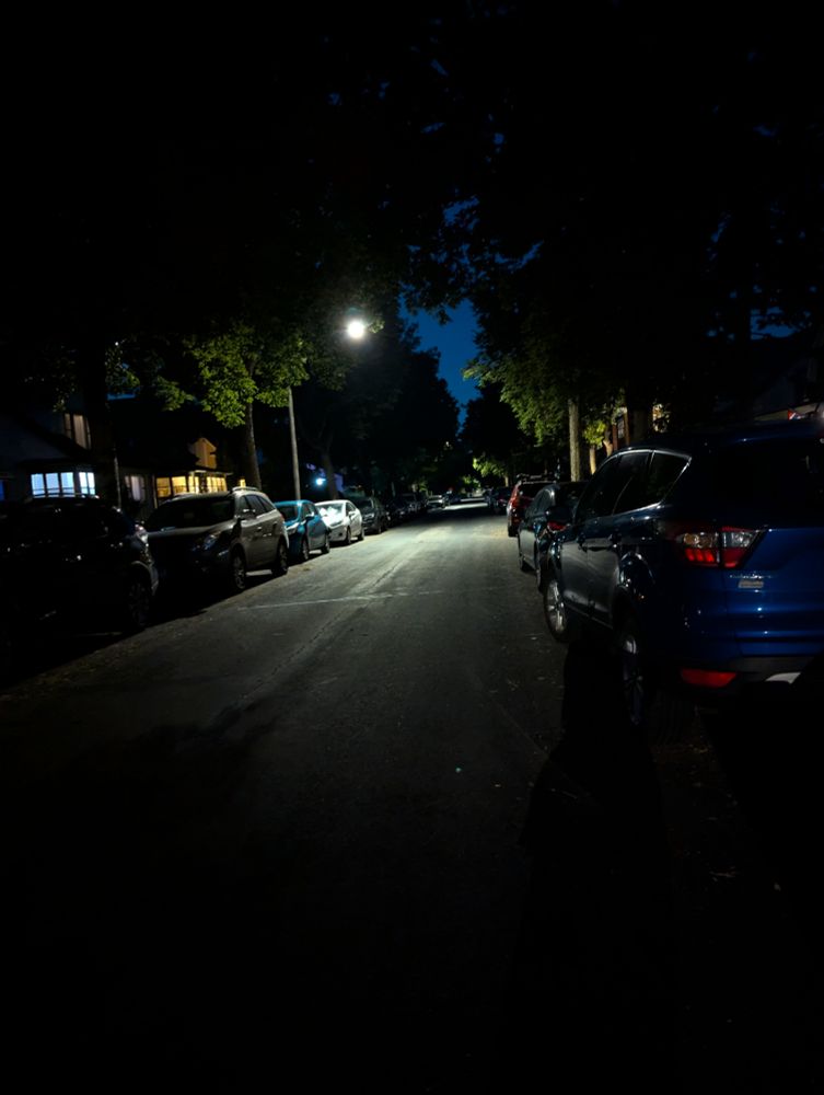 A street at night lit by a single streetlight.