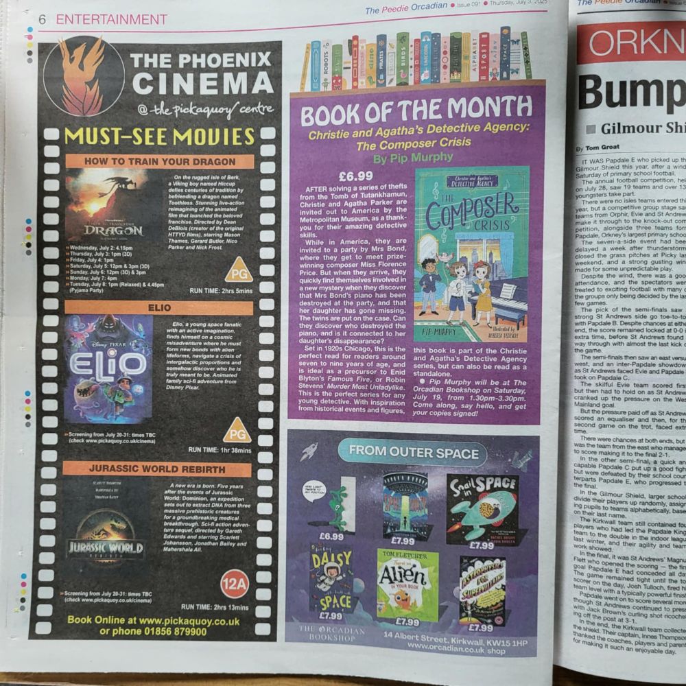 A section from the (Peedie) Orcadian newspaper featuring Christie and Agatha’s Detective Agency: The Composer Crisis as the Book of the Month, explaining the premise and recommending it as an ideal precursor to the Famous Five or Murder Most Unladylike.