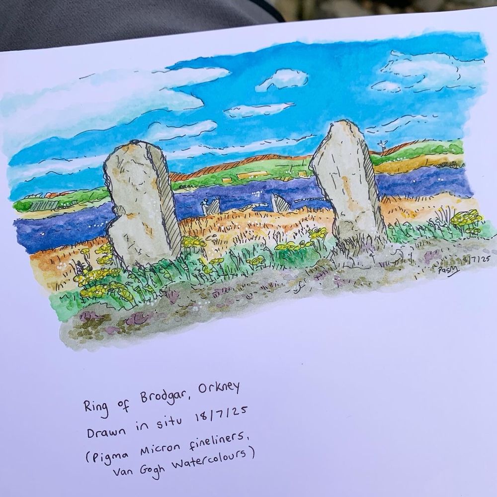 Pen and watercolour sketch of standing stones at the Ring of Brodgar on a fine day.