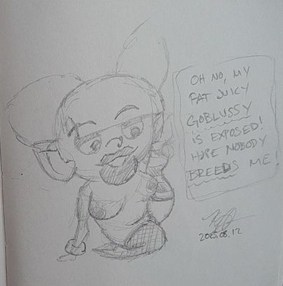 turtlepig's goblin OC, squelch, raising her leg and saying "oh no, my fat juicy goblussy is exposed! hope nobody breeds me!"