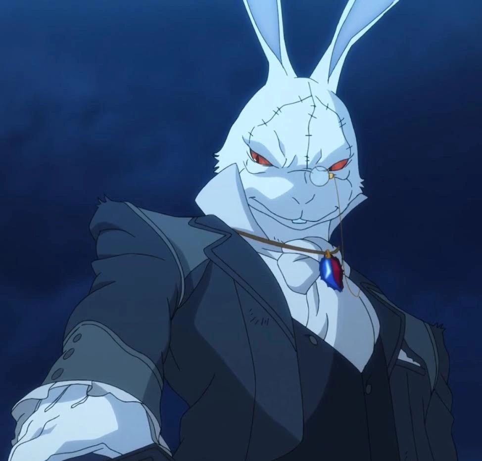 a screenshot of the "White Rabbit" character from netflix's Devil May Cry 