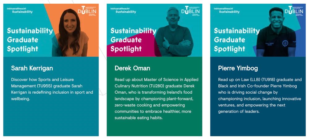 Colourful graphics with mono photo of three TU Dublin graduates - text reads sustainability graduate Spotlight and has their names and profiles. Click the link to read each.