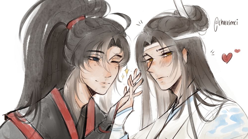 Young Wei Wuxian and Lan Wangji, both MDZS (Mo Dao Zu Shi, Grandmaster of Demonic Cultivation) characters, holding hands while blushing. Lan Wangji is looking at us, while Wei Wuxian is looking at him. There’s some sparkles and hearts in the image.