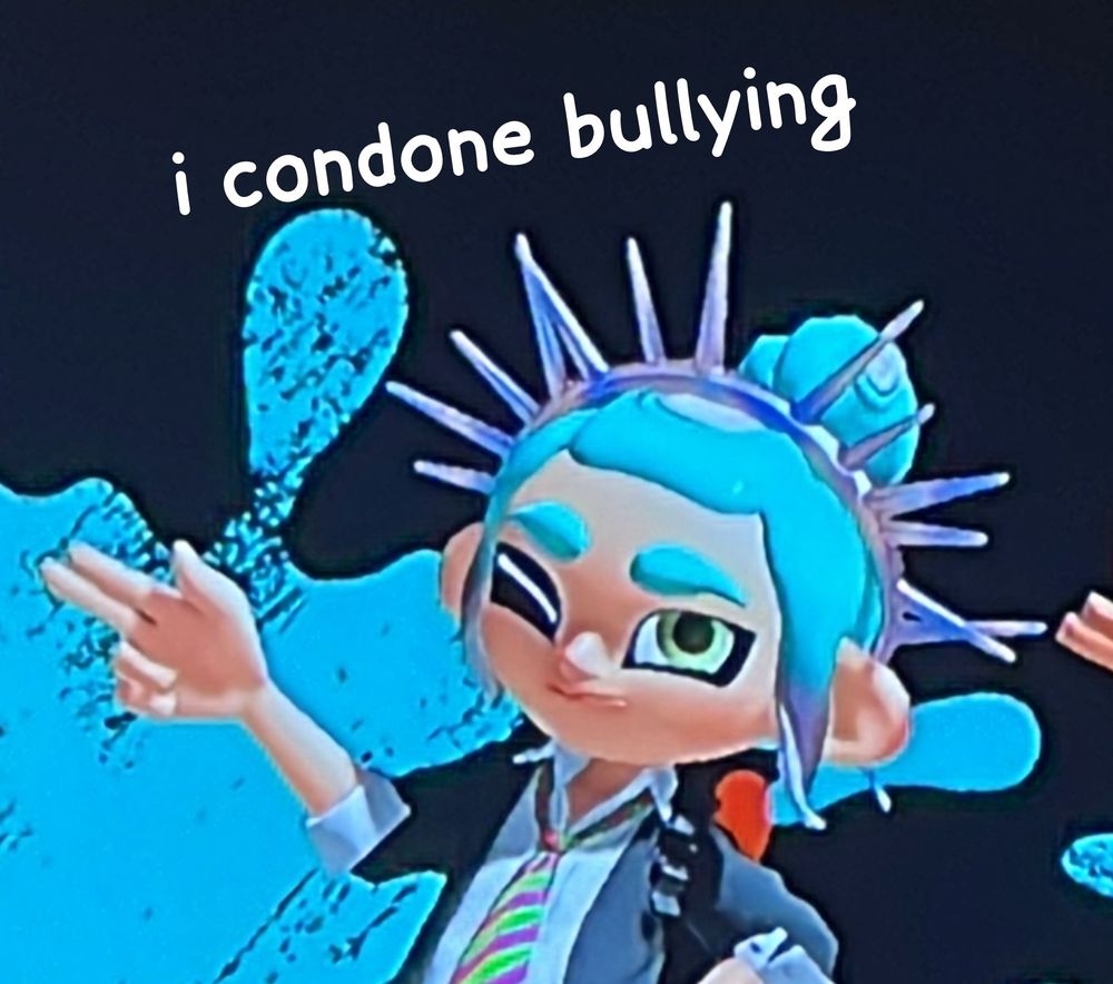 splatoon 3 victory pose with text that says "i condone bullying"