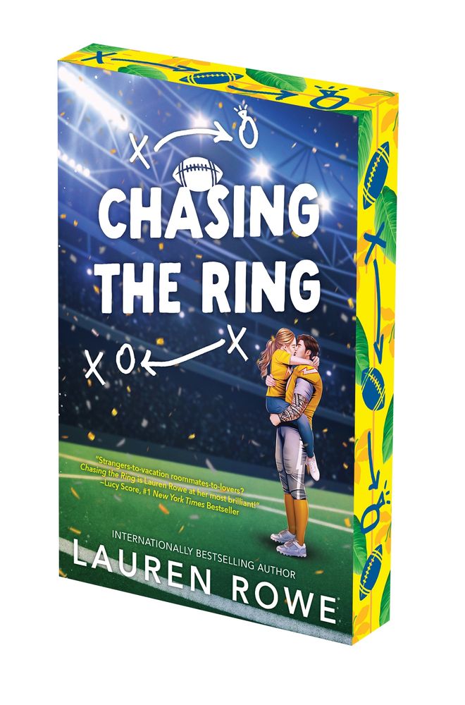 Book cover for CHASING THE RING by Lauren Rowe depicting a man in a football uniform and woman kissing on the field after a game