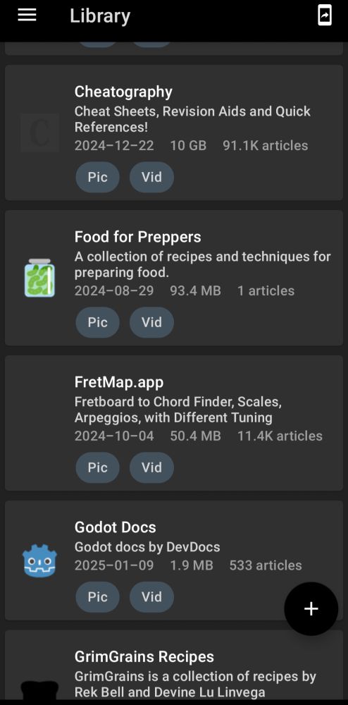 A screenshot of the mobile app of kiwix, originally an off-line wikipedia solution that's grown to include other stuff.