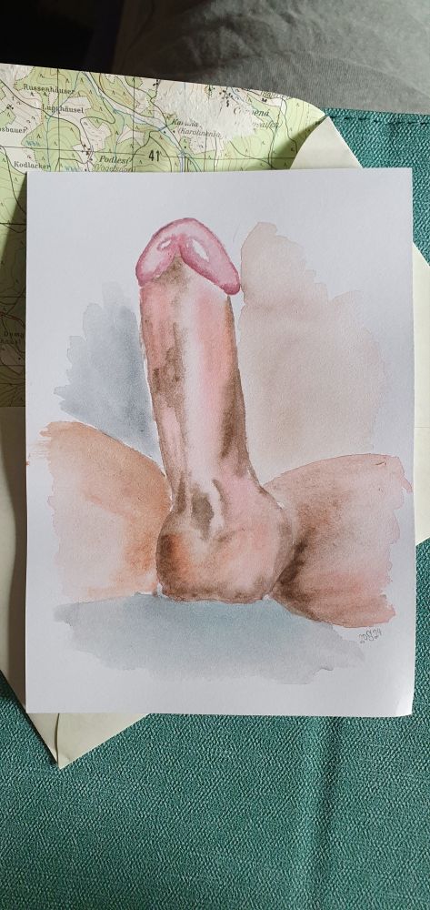 The front of a postcard: an exquisit watercolor drawing of a dick. A real dick pic.
