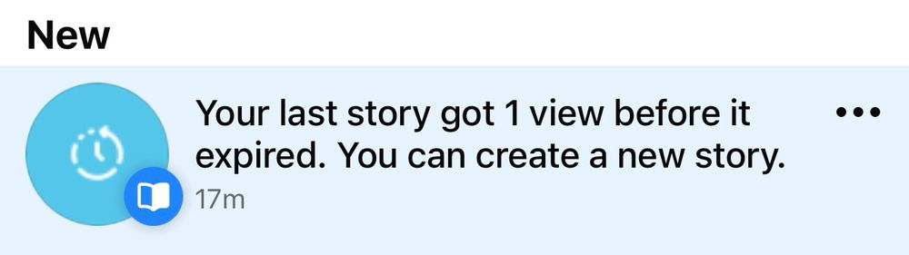 Facebook telling me that my last story got one view before it expired and that I can create a new one.