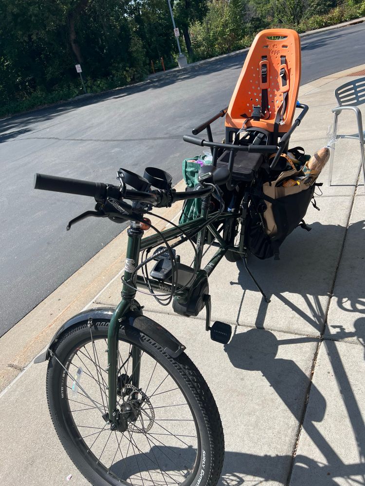 A dark green Surly long tail cargo bike with 4 bags of groceries in the saddle bags. It is parked on the sidewalk outside of a grocery store next to the street. 