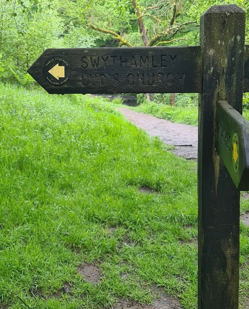 Portrait colour photo. Close up of a wooden sign. A yellow arrow points to the left and the sign reads 'swythamley' and under that 'lud's church'. Behind is another brown path leading away, it cuts through the bright green lush grass and towards the mossy trees.
