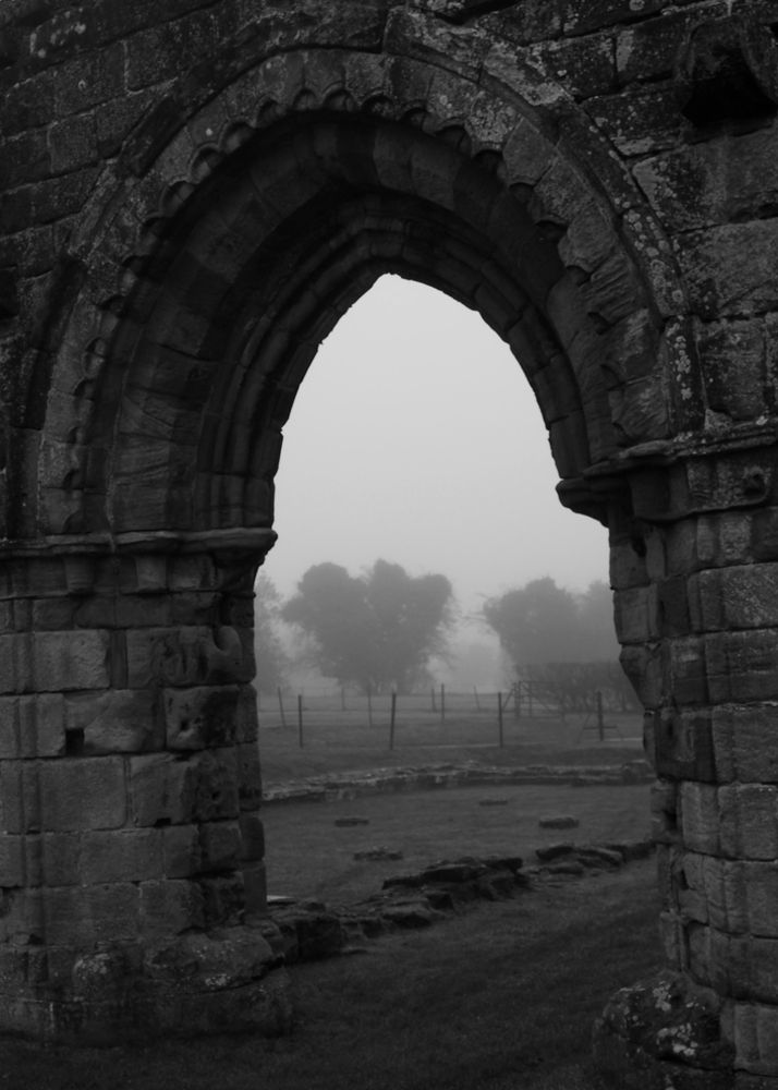 Portrait black and white photo of a ruined stone archway of an Abbey. The arch still has patterned carvings. Through the arch is a foggy field with fences and trees in the background. 
