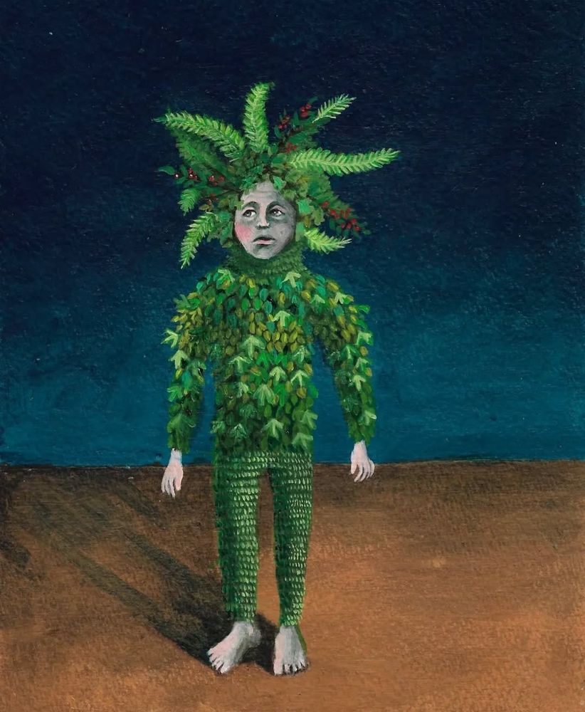 Portrait colour photo of a painting. A childlike figure stands on brown ground against a dark blue night sky. They wear an outfit made of leaves, with an elaborate radiating headdress of leaves. Only their hands, face and feet are visible. Their face looks apprehensive.