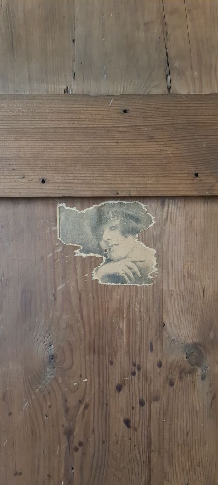 Portrait colour photo of inside of wooden cupboard door. In the middle there is a ripped piece of yellowed paper with a b+w image of a woman's head and hand. She looks like a 1920s flapper with a short bob. Her hand is gently placed below her chin in an elegant pose. 
